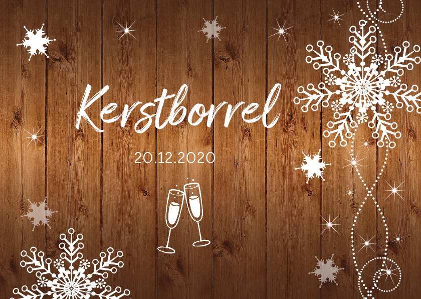 Uitnodiging kerstborrel sneeuwvlokken houtlook - Kerstkaarten Kerstkaarten - Uitnodiging kerstborrel sneeuwvlokken houtlook