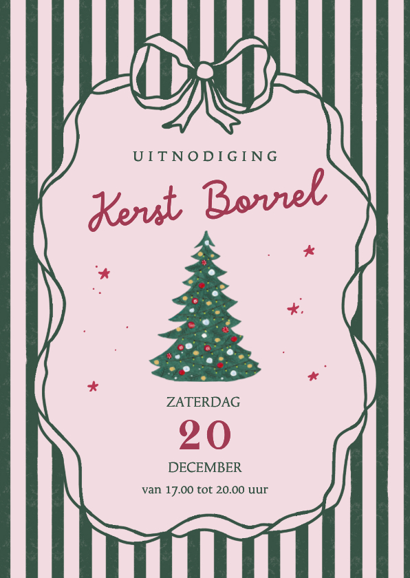 Kerstkaarten - Uitnodiging kerstborrel strepen en strik kerstboom
