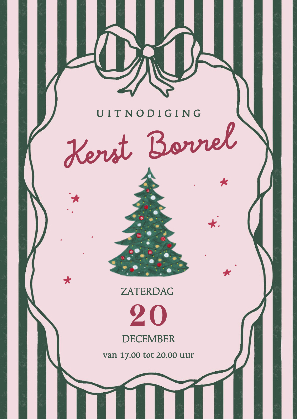 Uitnodiging kerstborrel strepen en strik kerstboom - Kerstkaarten Kerstkaarten - Uitnodiging kerstborrel strepen en strik kerstboom