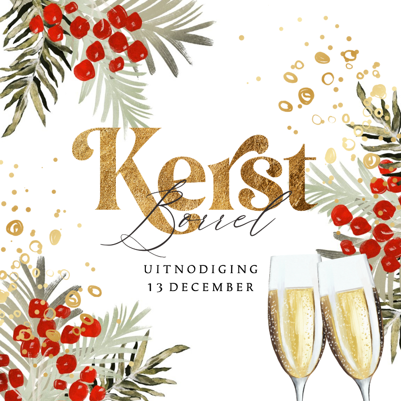 Kerstkaarten - Uitnodiging kerstborrel watercolor kersttakken