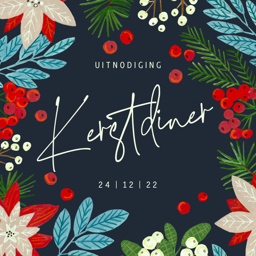 Uitnodiging kerstdiner botanische bloemen kerst - Kerstkaarten Kerstkaarten - Uitnodiging kerstdiner botanische bloemen kerst