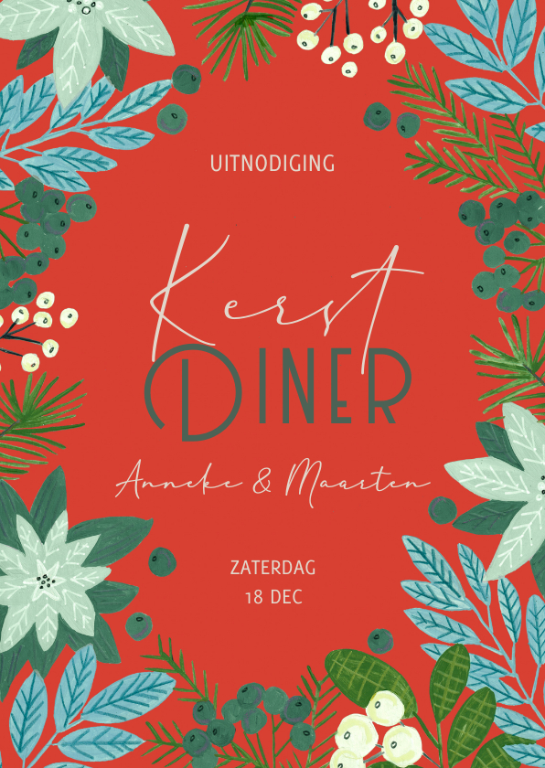Uitnodiging kerstdiner botanische illustratie Kaartje2go
