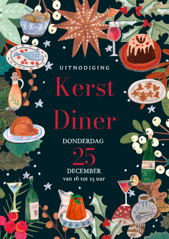 Kerstkaarten - Uitnodiging kerstdiner doodle eten kerstfeest