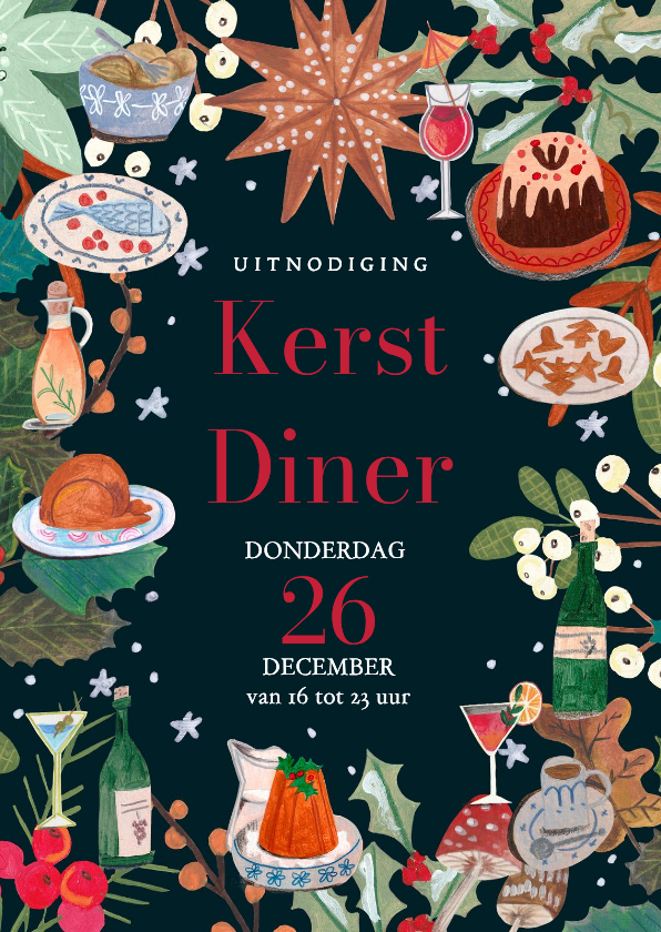 Uitnodiging kerstdiner doodle eten kerstfeest - Kerstkaarten Kerstkaarten - Uitnodiging kerstdiner doodle eten kerstfeest