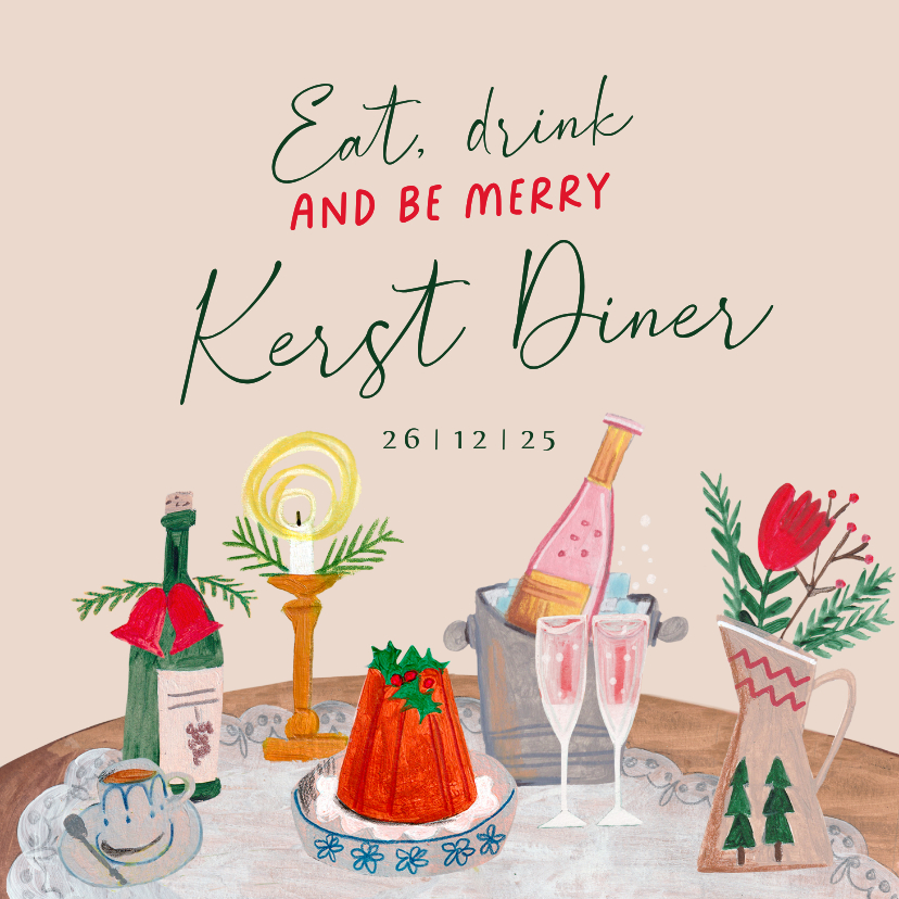 Kerstkaarten - Uitnodiging kerstdiner doodle illustratie eten en drinken