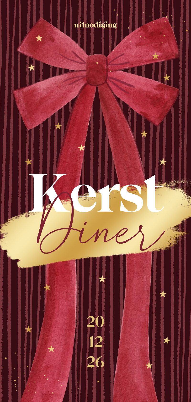 Uitnodiging kerstdiner grote strik strepen gouden sterren - Kerstkaarten Kerstkaarten - Uitnodiging kerstdiner grote strik strepen gouden sterren