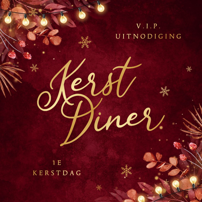 Uitnodiging kerstdiner lampjes takjes sneeuwvlokken rood - Kerstkaarten Kerstkaarten - Uitnodiging kerstdiner lampjes takjes sneeuwvlokken rood