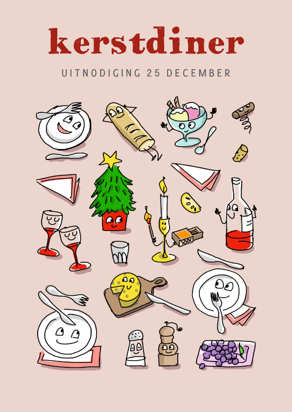 Kerstkaarten - uitnodiging kerstdiner met borden bestek en meer