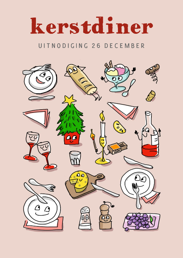 Kerstkaarten - uitnodiging kerstdiner met borden bestek en meer