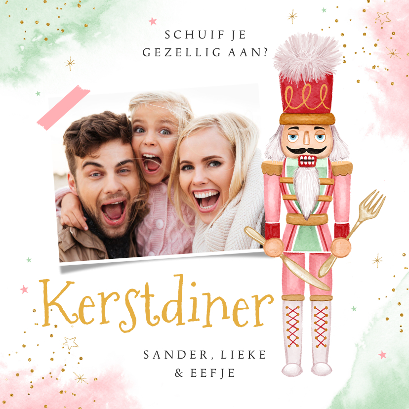 Kerstkaarten - Uitnodiging kerstdiner notenkraker waterverf sterretjes foto