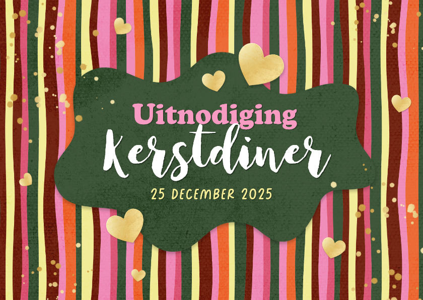 Kerstkaarten - Uitnodiging kerstdiner streepjes hip hartjes goud