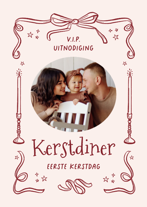 Kerstkaarten - Uitnodiging kerstdiner strikjes foto kandelaar lintjes kader