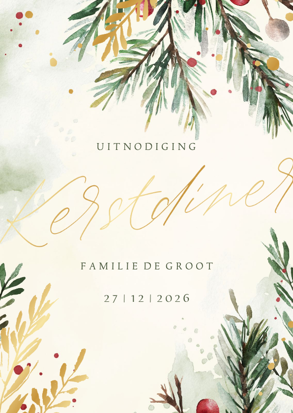 Kerstkaarten - Uitnodiging kerstdiner waterverf kersttakjes met goud