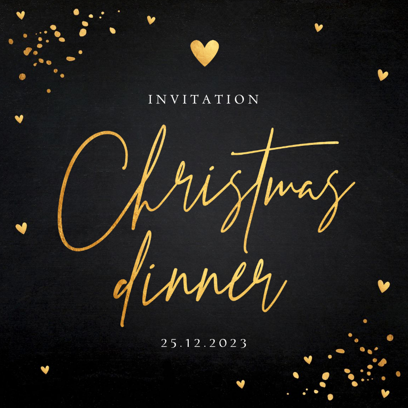 Uitnodiging kerstdiner zwart goudlook confetti - Kerstkaarten Kerstkaarten - Uitnodiging kerstdiner zwart goudlook confetti