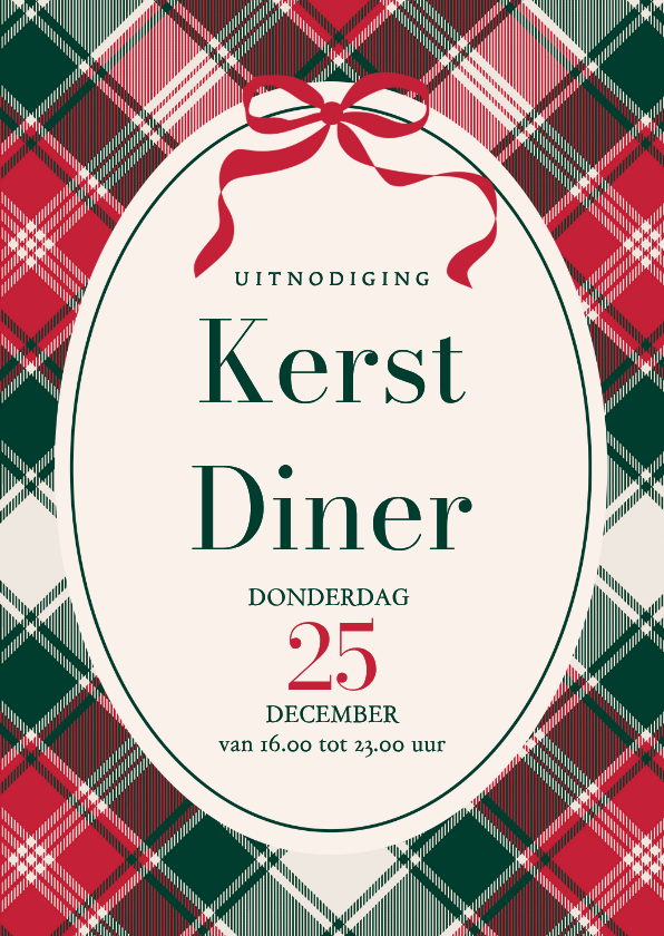 Kerstkaarten - Uitnodiging kerstfeest ruit en strikje