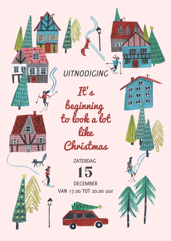 Kerstkaarten - Uitnodiging kerstfeest ski dorp