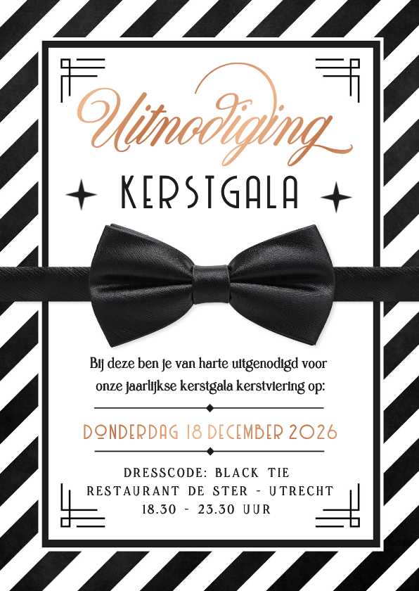 Kerstkaarten - Uitnodiging kerstgala of chic kerstdiner vlinderstrikje