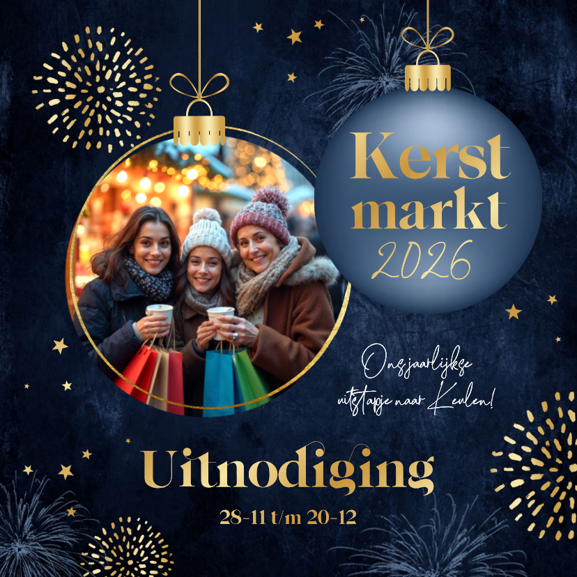 Uitnodiging kerstmarkt kerstbal sterren goud foto - Kerstkaarten Kerstkaarten - Uitnodiging kerstmarkt kerstbal sterren goud foto