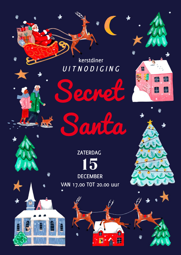 Kerstkaarten - Uitnodiging Secret Sant Kerstborrel