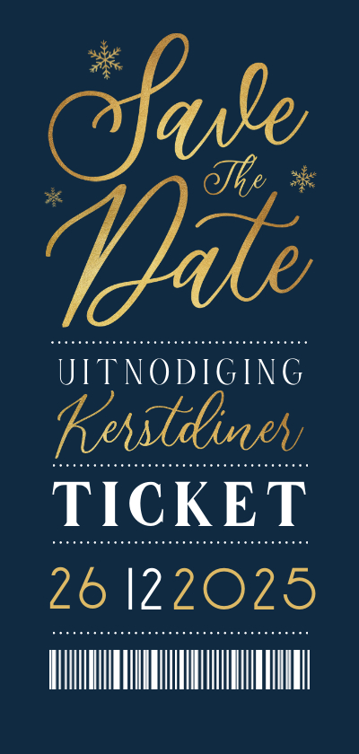 Uitnodiging ticket kerstdiner sneeuwvlokken goud kerstbal - Kerstkaarten Kerstkaarten - Uitnodiging ticket kerstdiner sneeuwvlokken goud kerstbal