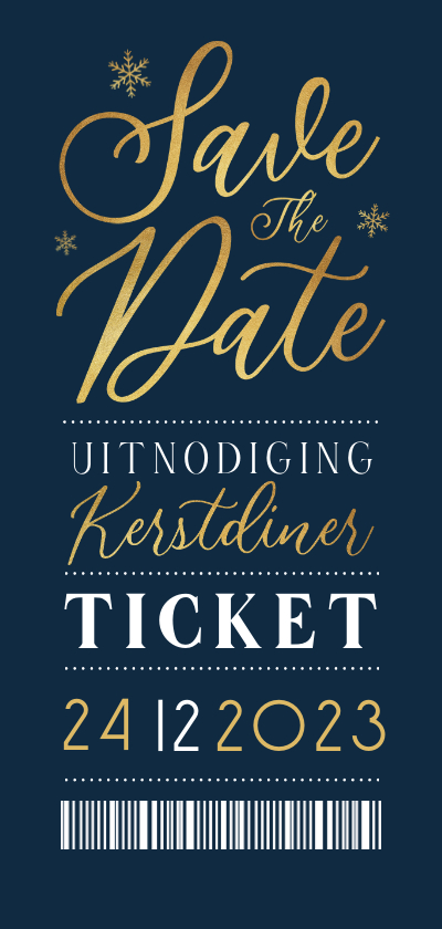 Uitnodiging ticket kerstdiner sneeuwvlokken goud kerstbal - Kerstkaarten Kerstkaarten - Uitnodiging ticket kerstdiner sneeuwvlokken goud kerstbal