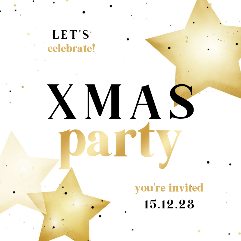Kerstkaarten - Uitnodiging xmas party met sterren en goud