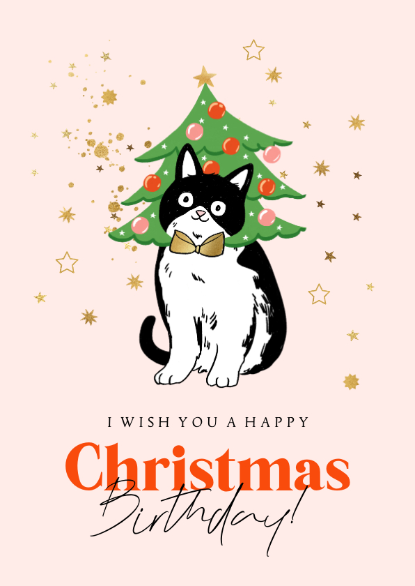 Kerstkaarten - Verjaardagskaart illustratie kerstboom kat sterren goud