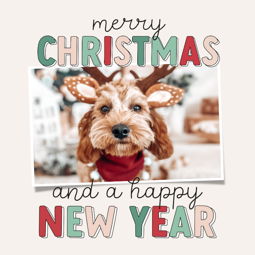 Vierkant kerstkaartje met kleurrijke typografie en foto - Kerstkaarten Kerstkaarten - Vierkant kerstkaartje met kleurrijke typografie en foto