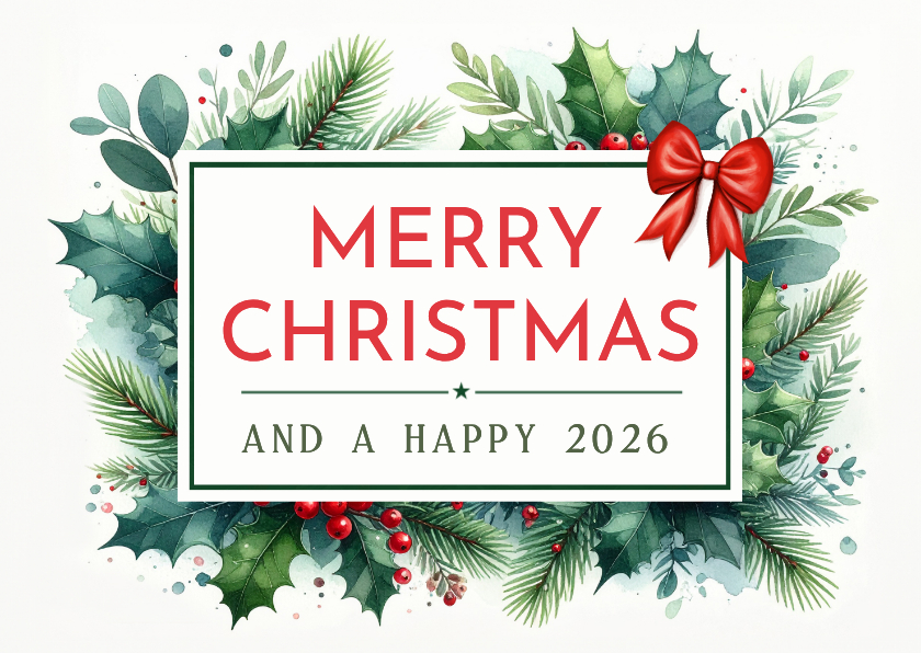 Vintage botanische kerstkaart met kersttakjes en strik - Kerstkaarten Kerstkaarten - Vintage botanische kerstkaart met kersttakjes en strik