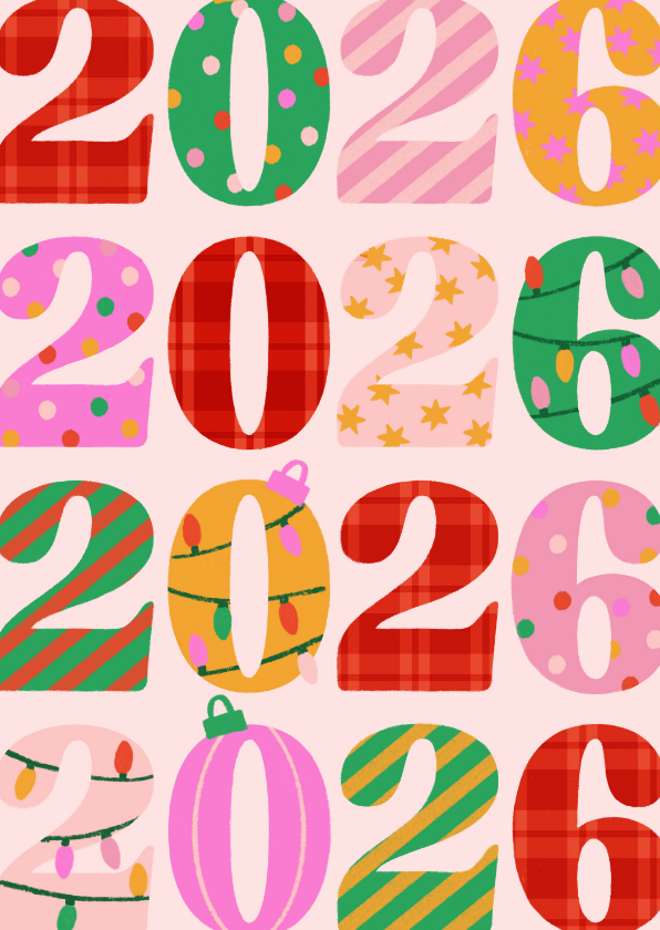 Kerstkaarten - Vrolijk kerstkaartje 2026 versierd gekleurd
