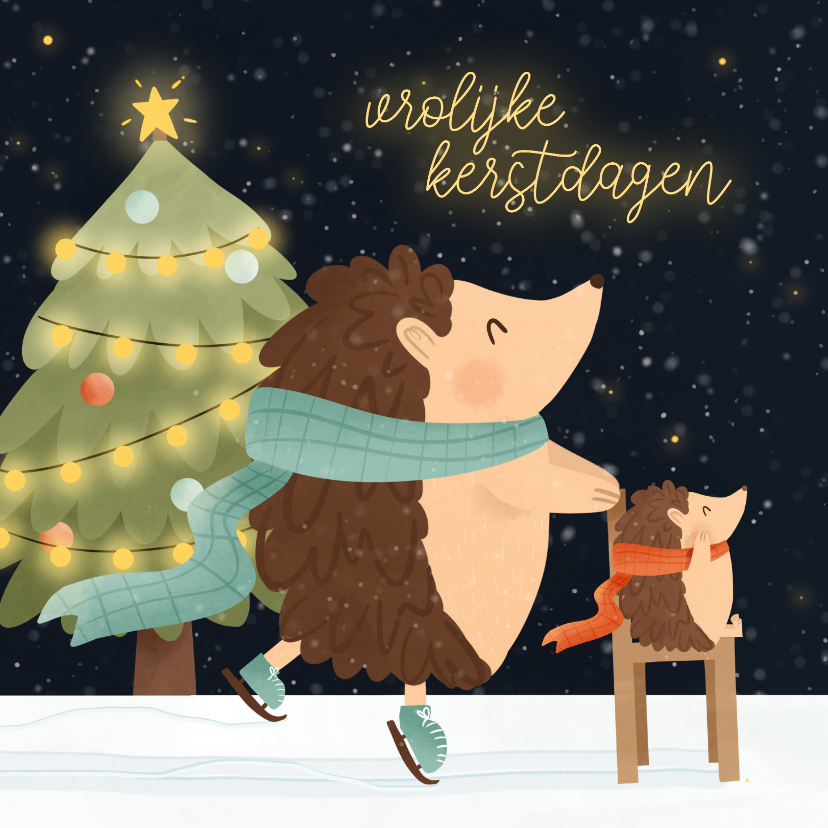 Kerstkaarten - Vrolijk kerstkaartje met schaatsende egeltjes kerstboom