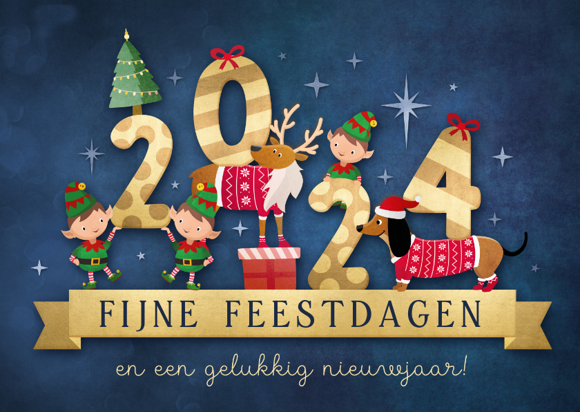 Vrolijke 2024 kerstkaart met illustratie van | Kaartje2go
