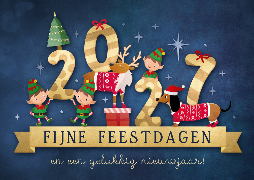 Vrolijke 2027 kerstkaart met illustratie van lieve diertjes - Kerstkaarten Kerstkaarten - Vrolijke 2027 kerstkaart met illustratie van lieve diertjes