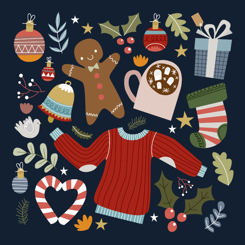 Vrolijke en hippe kerstkaart met kerst illustraties - Kerstkaarten Kerstkaarten - Vrolijke en hippe kerstkaart met kerst illustraties