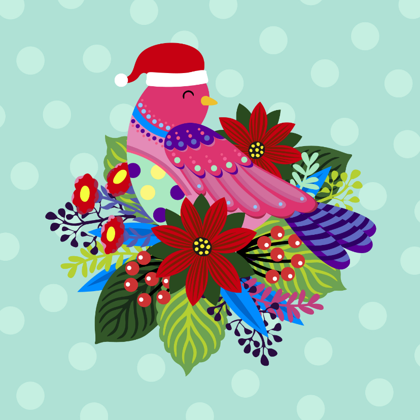 Vrolijke en kleurrijke kerstkaart met vogel en bloemen - Kerstkaarten Kerstkaarten - Vrolijke en kleurrijke kerstkaart met vogel en bloemen