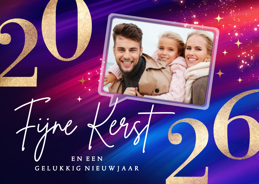 Vrolijke foto kerstkaart 2026 rood met blauw - Kerstkaarten Kerstkaarten - Vrolijke foto kerstkaart 2026 rood met blauw