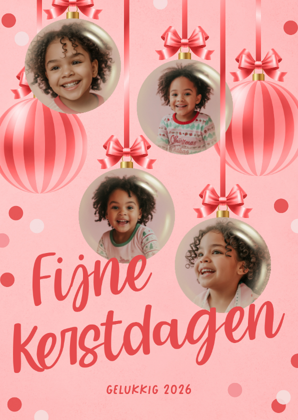 Kerstkaarten - Vrolijke fotokerstkaart met roze kerstballen en confetti