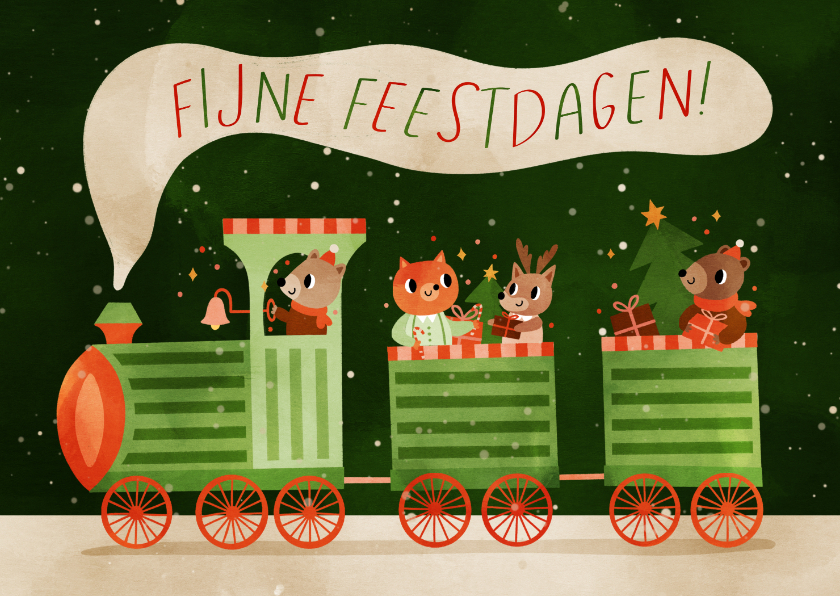 Kerstkaarten - Vrolijke groene kerstkaart met een trein vol dierenvriendjes