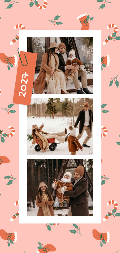 Vrolijke hippe roze kerstkaartjes met fotocollage en patroon - Kerstkaarten Kerstkaarten - Vrolijke hippe roze kerstkaartjes met fotocollage en patroon