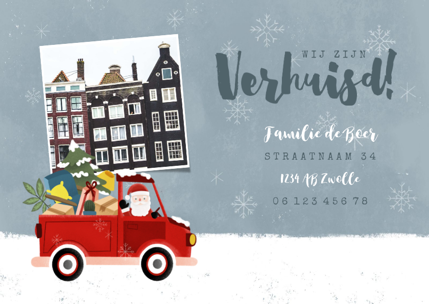 Vrolijke kerst-verhuiskaart kerstman in pickup en foto - Kerstkaarten Kerstkaarten - Vrolijke kerst-verhuiskaart kerstman in pickup en foto