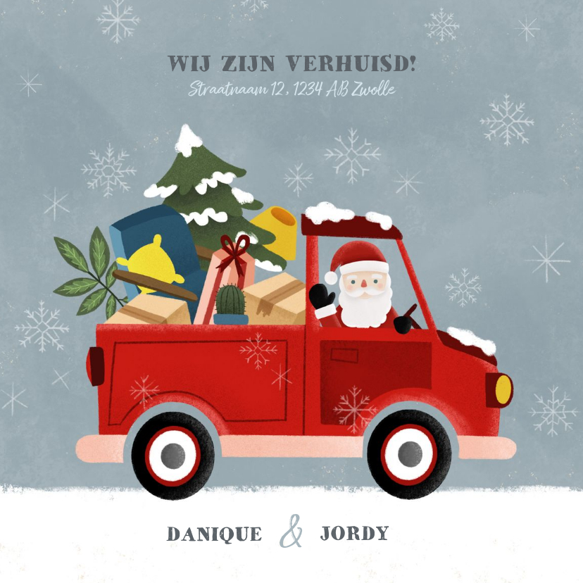 Vrolijke kerst verhuiskaart pickup truck kerstman en sneeuw - Kerstkaarten Kerstkaarten - Vrolijke kerst verhuiskaart pickup truck kerstman en sneeuw