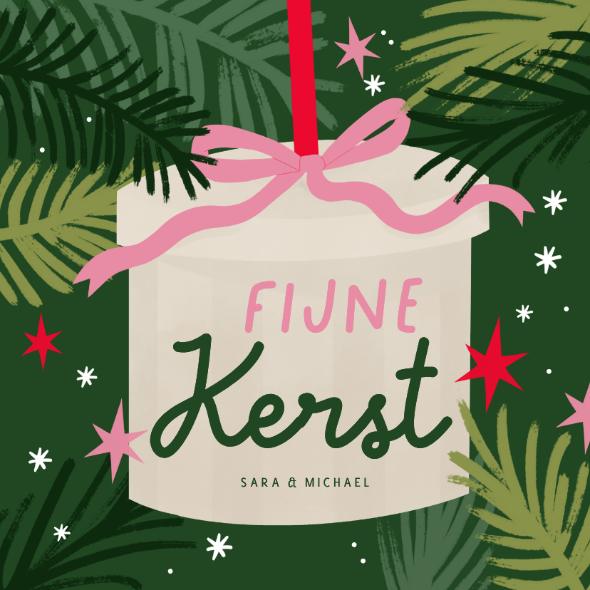 Vrolijke kerstkaart cadeau strik sterren roze groen - Kerstkaarten Kerstkaarten - Vrolijke kerstkaart cadeau strik sterren roze groen