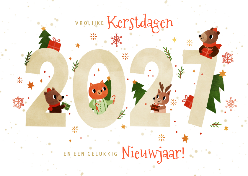 Vrolijke kerstkaart dieren met cadeautjes 2027 wit - Kerstkaarten Kerstkaarten - Vrolijke kerstkaart dieren met cadeautjes 2027 wit