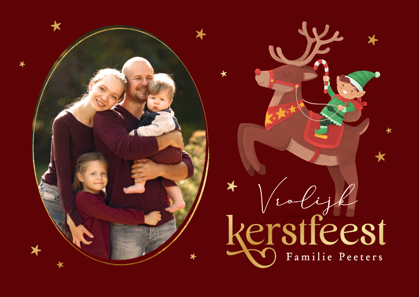 Vrolijke kerstkaart elfjes rendier foto sterren feestdagen - Kerstkaarten Kerstkaarten - Vrolijke kerstkaart elfjes rendier foto sterren feestdagen