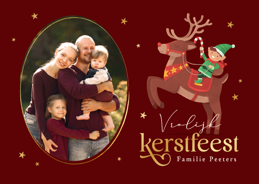 Kerstkaarten - Vrolijke kerstkaart elfjes rendier foto sterren feestdagen