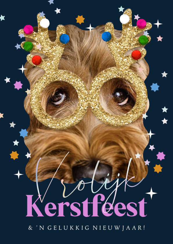 Vrolijke kerstkaart glitterbril sterren sterren foto hond - Kerstkaarten Kerstkaarten - Vrolijke kerstkaart glitterbril sterren sterren foto hond