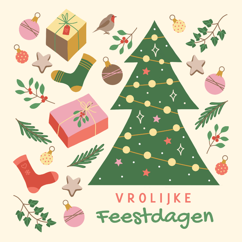 Kerstkaarten - Vrolijke kerstkaart kerstboom kleurrijk