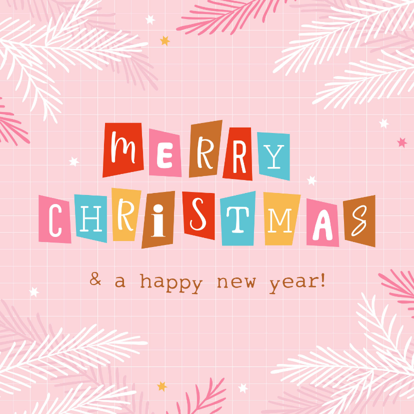 Kerstkaarten - Vrolijke kerstkaart merry christmas roze en letters