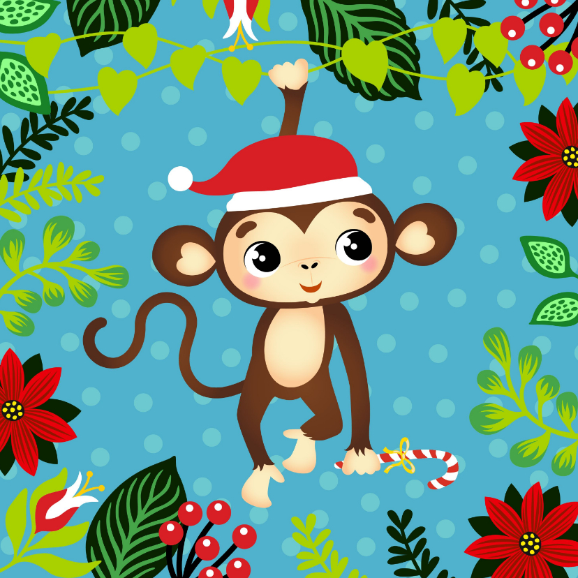 Vrolijke kerstkaart met aapje in de jungle - Kerstkaarten Kerstkaarten - Vrolijke kerstkaart met aapje in de jungle