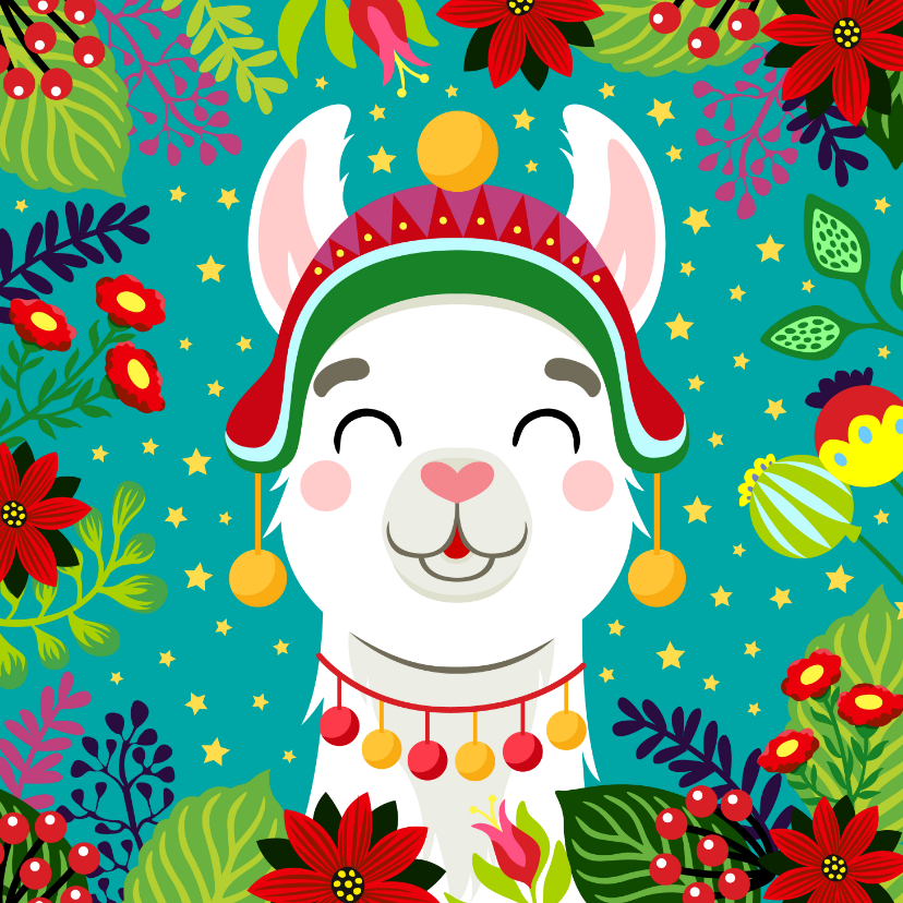 Vrolijke kerstkaart met alpaca, bloemen en sterren - Kerstkaarten Kerstkaarten - Vrolijke kerstkaart met alpaca, bloemen en sterren